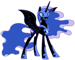 Size: 2716x2166 | Tagged: safe, artist:sketchmcreations, imported from derpibooru, nightmare moon, alicorn, pony, a royal problem, armor, concave belly, female, grin, helmet, hoof shoes, long legs, mare, peytral, princess shoes, simple background, slim, smiling, solo, spread wings, tall, thin, transparent background, vector, wings