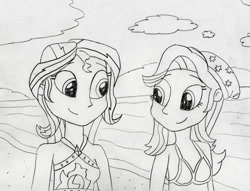 Size: 1024x782 | Tagged: safe, artist:736berkshire, imported from derpibooru, starlight glimmer, sunset shimmer, human, equestria girls, beach, bikini, bikini top, clothes, duo, female, monochrome, swimsuit, traditional art, water