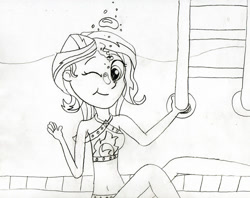 Size: 1024x810 | Tagged: safe, artist:736berkshire, imported from derpibooru, sunset shimmer, human, equestria girls, bikini, bikini top, bubble, clothes, female, monochrome, solo, swimming pool, swimsuit, traditional art, underwater