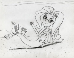 Size: 1280x1010 | Tagged: safe, artist:736berkshire, imported from derpibooru, fluttershy, human, mermaid, equestria girls, bikini, bikini top, bubble, clothes, female, mermaidized, monochrome, solo, species swap, swimsuit, traditional art, underwater