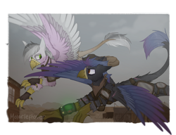 Size: 3000x2300 | Tagged: safe, artist:molars, imported from derpibooru, oc, oc:javelin, oc:steel quartz, griffon, fallout equestria, armor, commission, flying, griffon oc, pipbuck, scar, wasteland