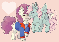 Size: 2485x1781 | Tagged: safe, artist:highrolleryt, imported from derpibooru, knight shade, wind whistler, earth pony, pegasus, pony, clothes, cute, ear fluff, eyes closed, female, g1, heart, knightorable, knightwind, male, mare, shipping, smiling, stallion, whistlerbetes, wings