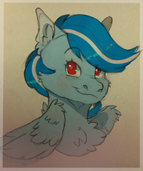 Size: 750x898 | Tagged: safe, artist:highrolleryt, imported from derpibooru, oc, oc only, pegasus, pony, chest fluff, ear fluff, pegasus oc, smiling, solo, wings