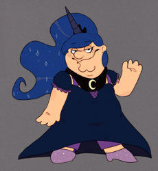 Size: 1841x2000 | Tagged: safe, artist:highrolleryt, imported from derpibooru, princess luna, human, clothes, crown, cursed, cursed image, dress, family guy, female, gray background, horn, horned humanization, humanized, jewelry, peter griffin, regalia, simple background, solo, ugly, waving, why