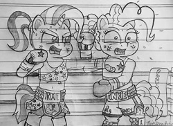 Size: 1280x933 | Tagged: safe, artist:ct1443ae, imported from derpibooru, pinkie pie, trixie, earth pony, semi-anthro, unicorn, boxing, boxing gloves, boxing ring, duo, gritted teeth, lined paper, mouth guard, open mouth, pencil drawing, punch, sports, teeth, traditional art