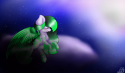 Size: 1280x750 | Tagged: safe, artist:prettyshinegp, imported from derpibooru, oc, oc only, pegasus, pony, eyes closed, female, flying, mare, night, pegasus oc, signature, solo, stars, wings