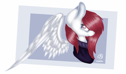 Size: 1280x750 | Tagged: safe, artist:prettyshinegp, imported from derpibooru, oc, oc only, pegasus, pony, abstract background, bust, female, floating wings, mare, pegasus oc, signature, solo, wings