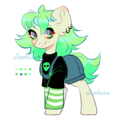 Size: 1573x1594 | Tagged: safe, artist:whohwo, imported from derpibooru, oc, oc only, earth pony, pony, clothes, ear piercing, earring, earth pony oc, jewelry, overalls, piercing, simple background, smiling, solo, white background