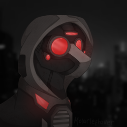 Size: 2300x2300 | Tagged: safe, artist:molars, imported from derpibooru, pegasus, pony, armor, cyber, cyberpunk, gift art, hood, red and black, solo