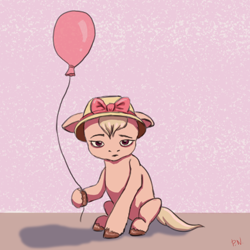 Size: 512x512 | Tagged: safe, artist:palettenight, imported from derpibooru, earth pony, pony, spoiler:g5, background pony, ball, balloon, bow, female, filly, floppy ears, foal, g5, hat, peppy primrose, pink, sad, simple background, solo, unshorn fetlocks