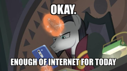 Size: 739x414 | Tagged: safe, artist:decokenite, edit, edited screencap, editor:decokenite, imported from derpibooru, screencap, chancellor neighsay, pony, unicorn, school daze, aura, cellphone, glowing, glowing horn, horn, lamp, looking at something, magic, male, phone, smartphone, stallion, telekinesis