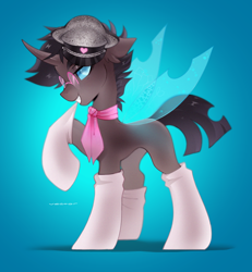 Size: 1920x2079 | Tagged: safe, alternate version, artist:zlatavector, imported from derpibooru, oc, oc:rosie clockwork, changeling, changeling oc, clothes, commission, glasses, hat, male, scarf, socks, solo, stallion