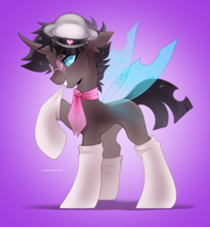 Size: 1920x2079 | Tagged: safe, alternate version, artist:zlatavector, imported from derpibooru, oc, oc:rosie clockwork, changeling, changeling oc, clothes, commission, femboy, glasses, hat, male, scarf, seductive, socks, solo, stallion