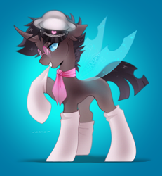 Size: 1920x2079 | Tagged: safe, alternate version, artist:zlatavector, imported from derpibooru, oc, oc only, oc:rosie clockwork, changeling, changeling oc, clothes, commission, glasses, hat, male, scarf, socks, solo, stallion