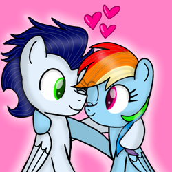 Size: 720x720 | Tagged: safe, artist:mlplary6, imported from derpibooru, rainbow dash, soarin', pegasus, pony, female, heart, looking at each other, looking at someone, male, mare, shipping, smiling, smiling at each other, soarindash, stallion, straight