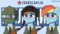 Size: 3840x2160 | Tagged: safe, artist:d3f4ult_4rt1st, imported from derpibooru, rainbow dash, pegasus, pony, ak-47, alternate hairstyle, assault rifle, chest fluff, clothes, female, gun, hat, helmet, military, military uniform, militia, necktie, police, psh-77, red star, rifle, text, uniform, weapon, yugoslavia, zastava m70