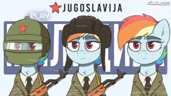 Size: 3840x2160 | Tagged: safe, alternate version, artist:d3f4ult_4rt1st, imported from derpibooru, rainbow dash, pegasus, pony, ak-47, alternate hairstyle, assault rifle, chest fluff, clothes, female, gun, hat, helmet, military, military uniform, militia, necktie, police, psh-77, red star, rifle, text, uniform, vhs, weapon, yugoslavia, zastava m70