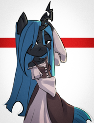 Size: 522x680 | Tagged: safe, artist:haku nichiya, imported from derpibooru, queen chrysalis, anthro, changeling, changeling queen, clothes, dress, female, horn, solo, tail