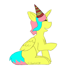 Size: 1280x1195 | Tagged: safe, artist:lil_vampirecj, imported from derpibooru, oc, oc only, oc:dawn, alicorn, pony, alicorn oc, art, commission, eyes closed, folded wings, full body, hat, horn, open mouth, open smile, party hat, raised hoof, side view, signature, simple background, sitting, smiling, solo, tail, transparent background, two toned mane, two toned tail, wings, ych example, ych result, your character here