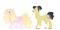 Size: 1280x640 | Tagged: safe, artist:itstechtock, imported from derpibooru, oc, oc only, oc:dig site, oc:touch up, earth pony, pony, unicorn, female, mare, offspring, parent:daring do, parent:doctor caballeron, parent:prince blueblood, parent:suri polomare, parents:daballeron, simple background, white background