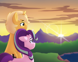 Size: 2560x2048 | Tagged: safe, artist:whitequartztheartist, imported from derpibooru, starlight glimmer, oc, oc:sunlight bolt, pony, unicorn, canon x oc, commission, female, glimmbolt, lens flare, male, mare, mountain, stallion, sunset