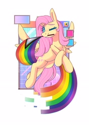 Size: 2480x3508 | Tagged: safe, artist:wavecipher, imported from derpibooru, fluttershy, pegasus, pony, female, flag, mare, mouth hold, pride flag, solo