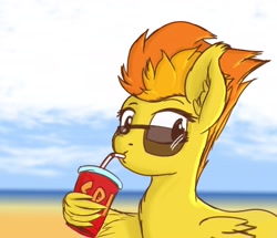 Size: 4096x3530 | Tagged: safe, artist:simplesample, imported from derpibooru, spitfire, pegasus, pony, cloud, drinking, ear fluff, female, mare, simple background, soda, sunglasses, wing hands, wings