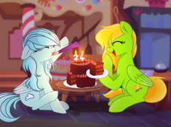 Size: 800x595 | Tagged: safe, artist:itzfluttershy25, imported from derpibooru, oc, oc only, oc:trixie, pegasus, pony, birthday, cake, candle, duo, duo female, female, food, mare, party horn, pegasus oc