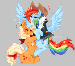 Size: 1264x1118 | Tagged: safe, artist:hoshmyposhes, imported from derpibooru, applejack, rainbow dash, earth pony, pegasus, pony, accessory swap, appledash, applejack's hat, bandana, chest fluff, clothes, cowboy hat, duo, female, hat, hug, jacket, lesbian, mare, shipping, simple background, smiling