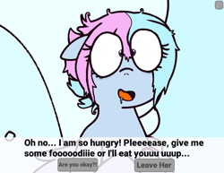 Size: 932x720 | Tagged: safe, artist:shinningblossom12, edit, imported from derpibooru, oc, oc only, oc:shinning blossom, pegasus, pony, banned from equestria daily, dialogue, door, drool, female, floppy ears, hungry, imminent vore, insanity, mare, messy mane, shrunken pupils, smiling, spread wings, starving, style emulation, text, wings