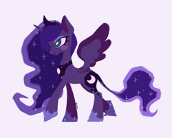 Size: 640x514 | Tagged: safe, artist:yumochiix, imported from derpibooru, princess luna, alicorn, female, hoof shoes, jewelry, leonine tail, mare, raised hoof, regalia, simple background, solo, spread wings, tail, wings