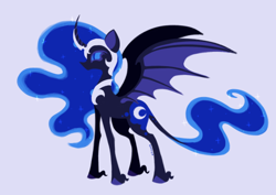 Size: 640x453 | Tagged: safe, artist:yumochiix, imported from derpibooru, nightmare moon, alternate design, bat wings, curved horn, female, helmet, horn, jewelry, mare, regalia, simple background, slit pupils, solo, wings