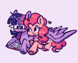 Size: 640x518 | Tagged: safe, artist:yumochiix, imported from derpibooru, pinkie pie, twilight sparkle, alicorn, earth pony, book, duo, female, glasses, heart, lesbian, lying down, mare, reading, shipping, sitting, smiling, sparkles, spread wings, twilight sparkle (alicorn), twinkie, unshorn fetlocks, wing blanket, winghug, wings