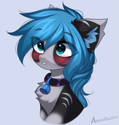 Size: 1093x1150 | Tagged: safe, artist:airiniblock, imported from derpibooru, oc, oc only, oc:blue bell, earth pony, pony, bell, bell collar, blushing, bust, chest fluff, collar, ear fluff, eye clipping through hair, icon, patreon, patreon reward, rcf community, simple background, solo, white background