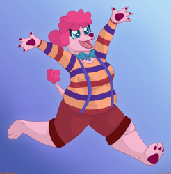 Size: 1596x1625 | Tagged: safe, artist:colorcodetheartist, imported from derpibooru, pinkie pie, anthro, dog, poodle, abstract background, bowtie, chubby, claws, clothes, dogified, fat, furry, happy, leaping, paw pads, paws, pudgy pie, puppy pie, shirt, shorts, smiling, species swap, striped shirt, suspenders