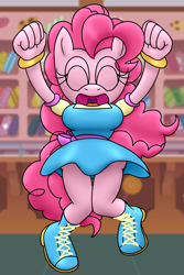 Size: 1400x2100 | Tagged: safe, artist:flash equestria photography, imported from derpibooru, pinkie pie, anthro, breasts, busty pinkie pie, clothes, jumping, mobian, open mouth, skirt, solo, sonic the hedgehog (series), sonicified, sugarcube corner, upskirt, uvula