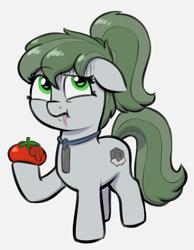 Size: 1900x2452 | Tagged: safe, artist:heretichesh, imported from derpibooru, oc, oc only, oc:pitchblende, earth pony, pony, :t, colored, earth pony oc, eating, female, filly, floppy ears, foal, food, full body, gray background, herbivore, high res, hoof hold, hooves, jewelry, pendant, raised eyebrow, simple background, solo, standing, tomato