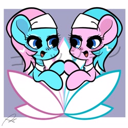 Size: 2048x2048 | Tagged: safe, artist:oc_ponys, imported from derpibooru, aloe, lotus blossom, earth pony, pony, commission, duo, female, japanese, looking at each other, looking at someone, mare, siblings, simple background, spa twins, watermark, white background