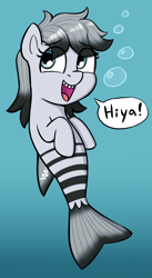 Size: 1280x2328 | Tagged: safe, artist:heretichesh, imported from derpibooru, oc, oc:lil knifejaw, hybrid, merpony, original species, shark, shark pony, bubble, colored, dialogue box, female, filly, fish tail, foal, looking at you, ocean, simple background, smiling, solo, tail, underwater, water