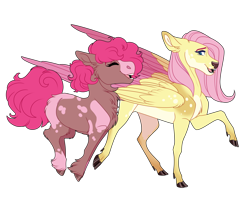 Size: 1900x1500 | Tagged: safe, artist:uunicornicc, imported from derpibooru, fluttershy, pinkie pie, deer, deer pony, original species, pony, alternate design, simple background, species swap, transparent background