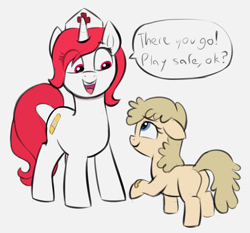 Size: 1896x1768 | Tagged: safe, artist:heretichesh, imported from derpibooru, oc, oc only, oc:iridescence, earth pony, pony, unicorn, bandaid, blank flank, butt, colored, cute, dialogue, dialogue box, duo, eye clipping through hair, female, filly, floppy ears, foal, hat, mare, nurse, nurse hat, plot, simple background, smiling, speech bubble, white background