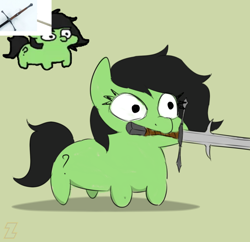 Size: 830x802 | Tagged: safe, artist:zebra, imported from derpibooru, oc, oc only, oc:filly anon, earth pony, pony, earth pony oc, female, filly, foal, mouth hold, signature, simple background, solo, squatpony, sword, weapon, zweihander