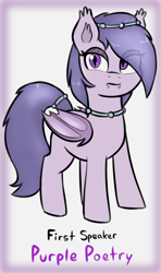 Size: 1636x2756 | Tagged: safe, artist:heretichesh, imported from derpibooru, oc, oc:purple poetry, bat pony, colored, cute, cute little fangs, fangs, female, lore, mare, solo