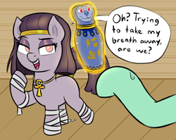 Size: 3480x2775 | Tagged: safe, artist:heretichesh, imported from derpibooru, lyra heartstrings, oc, oc:mummydew, ankh, canopic jar, colored, egyptian, egyptian pony, female, magic, magic aura, mare, mummy, raised eyebrow, raised leg