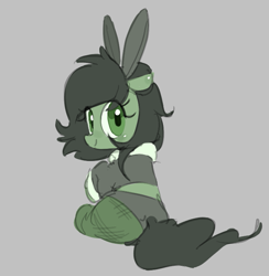Size: 701x718 | Tagged: safe, artist:parfait, imported from derpibooru, oc, oc only, oc:filly anon, earth pony, pony, aggie.io, bunny ears, bunny suit, butt, clothes, costume, female, filly, fishnets, foal, gray background, looking at you, looking back, looking back at you, panties, plot, ponerpics import, simple background, sitting, smiling, socks, stockings, thigh highs, underwear