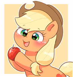 Size: 2888x3064 | Tagged: safe, artist:leo19969525, imported from derpibooru, applejack, earth pony, pony, apple, blushing, bow, cute, female, food, g4, green eyes, hair bow, hat, jackabetes, mane, mare, open mouth, outline, simple background, smiling, solo, tail, white outline, yellow background, yellow mane, yellow tail