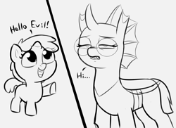 Size: 2584x1880 | Tagged: safe, artist:heretichesh, imported from derpibooru, oc, oc:yvette (evan555alpha), changeling, changeling oc, dialogue, female, filfil, filly, foal, glasses, looking up, pointing, sketch, tired