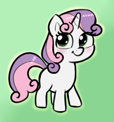 Size: 1688x1792 | Tagged: safe, artist:heretichesh, imported from derpibooru, sweetie belle, pony, unicorn, blank flank, blushing, colored, cute, diasweetes, female, filly, foal, full body, gradient background, horn, looking at you, smiling, solo, standing, tail