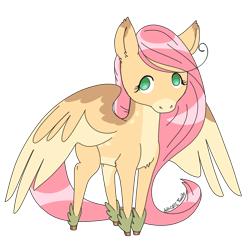 Size: 1024x1024 | Tagged: safe, artist:jell-ofish101, imported from derpibooru, part of a set, fluttershy, pegasus, pony, aside glance, chest fluff, coat markings, colored eartips, colored hooves, colored wings, dappled, facial markings, female, looking at you, mare, multicolored wings, no pupils, pale belly, redesign, simple background, snip (coat marking), solo, spread wings, standing, stray strand, three quarter view, transparent background, unshorn fetlocks, wings