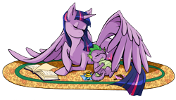 Size: 2835x1612 | Tagged: safe, artist:obliviusmoon, imported from derpibooru, spike, twilight sparkle, alicorn, dragon, pony, 2014, book, chocolate chip cookie, cookie, cup, cute, duo, eyes closed, female, food, male, mama twilight, mare, rug, simple background, spikabetes, spikelove, stuffed, teacup, that pony sure does love books, transparent background, twiabetes, twilight sparkle (alicorn)